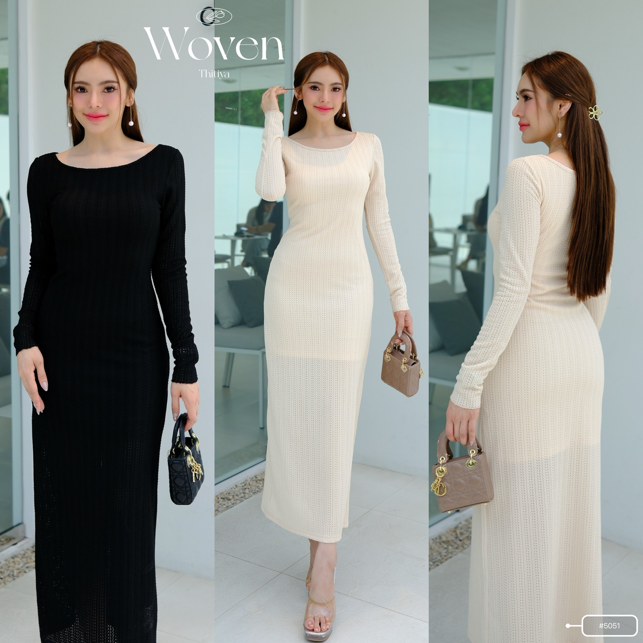 #5051 Woven Dress เดรสแขนยาวผ้าถักทอโปร่งเนื้อนิ่มใส่สบาย มีซับในช่วงตัวเป็นเดรสสั้น (แขนยาวไม่มีซับใน) thitiya