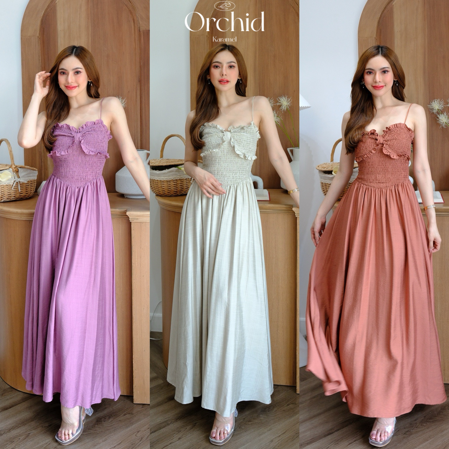 Orchid dress - เดรสSilk fabric งานสวยใส่ถ่ายรูปขึ้นมากค่ะ ดีไซน์โบว์สม็อครอบตัว Karamel