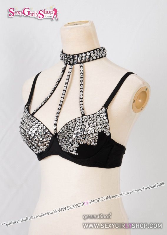 บราแฟนซี บราแซ่บต่อคอสามเส้น ปักเลื่อมสีเงิน