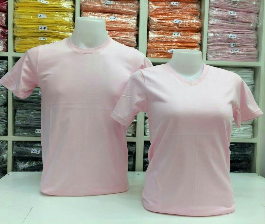 เสื้อยืดคอกลมคอวีสีชมพูอ่อน