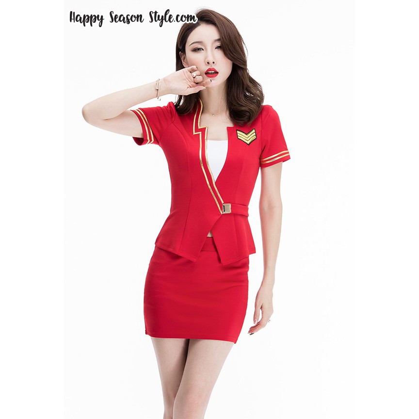 ชุดยูนิฟอร์ม - ชุดพนักงาน พีอาร์ ปกเชิ๊ตแต่งขอบทอง กระดุมเดี่ยว สีแดง สำเนา