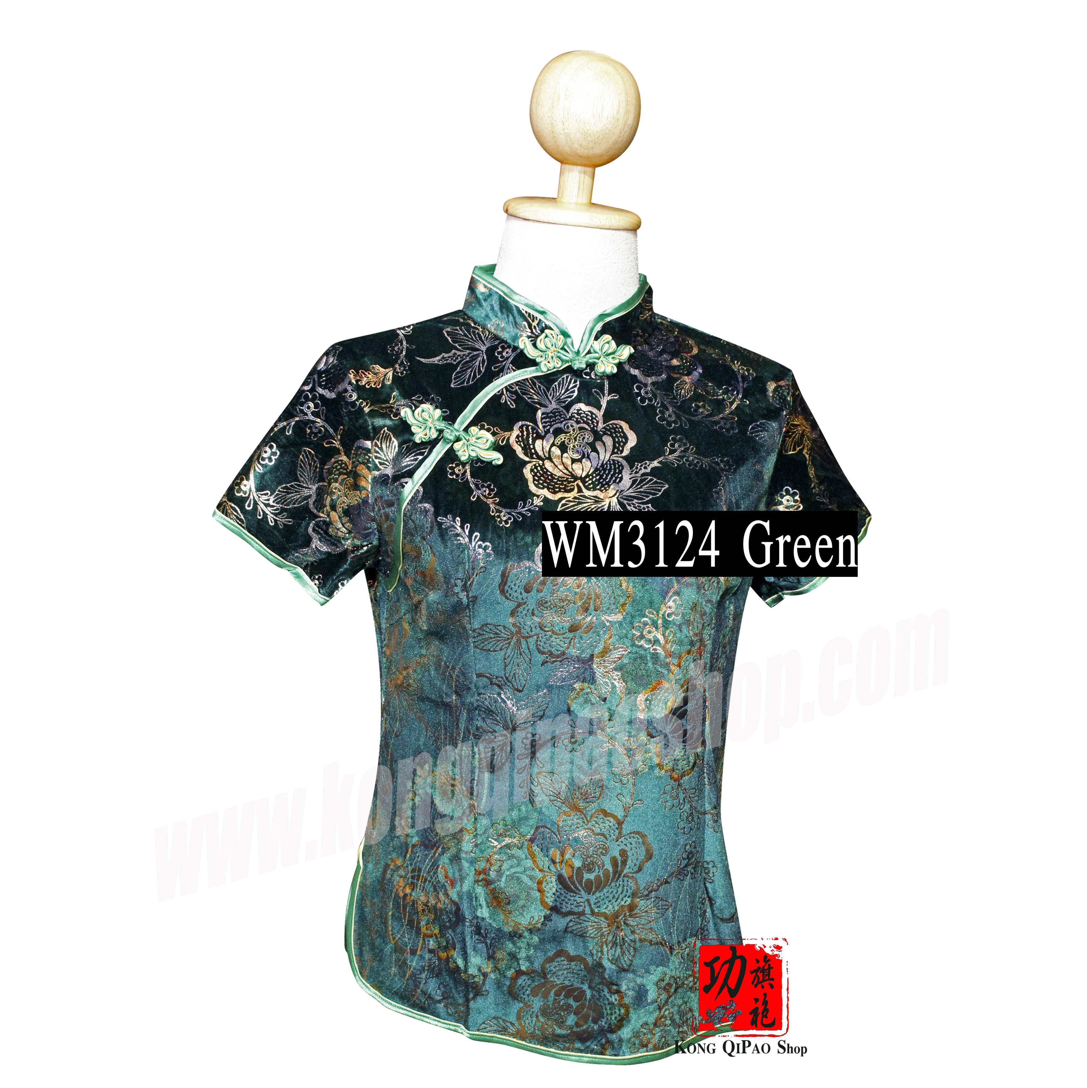 WM3124 เสื้อจีนผู้หญิง คอเฉียง ลายดอกโบตั๋น#4 (กำมะหยี่)