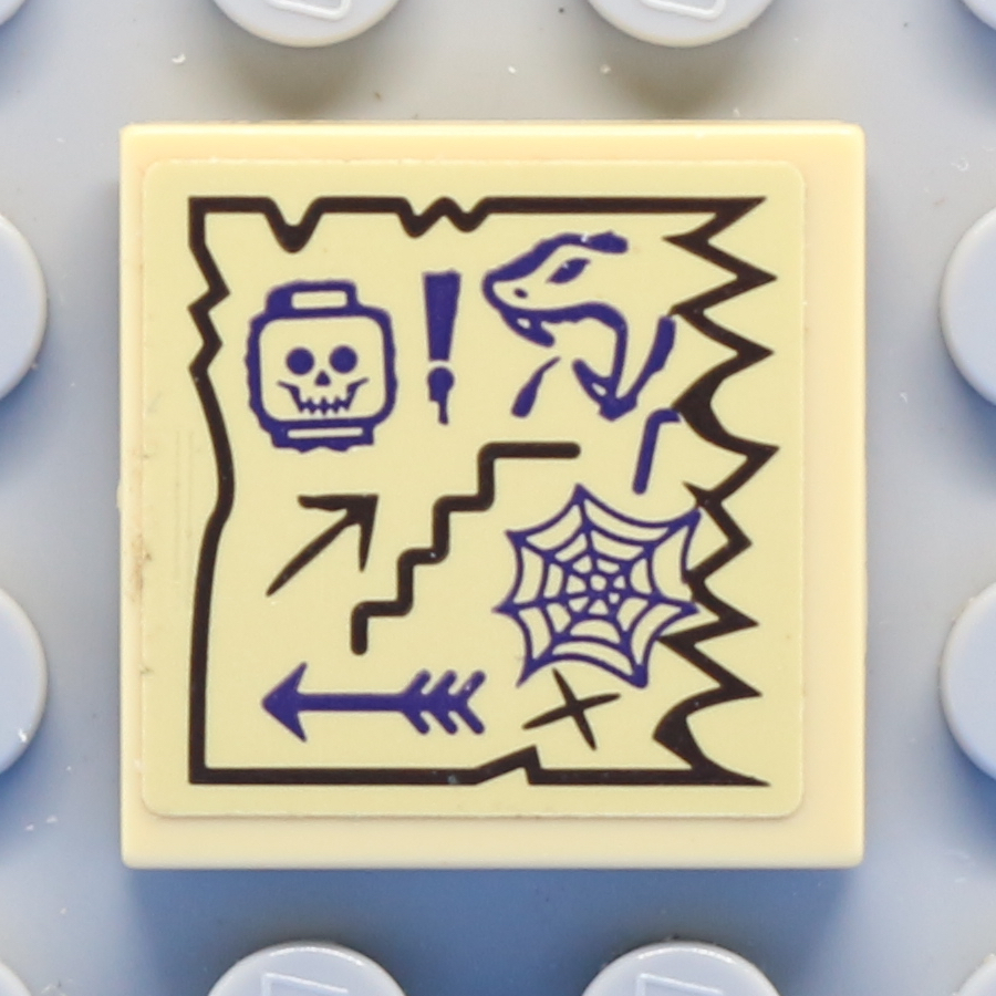 Tile 2 x 2 with Groove with Map Arrows, Skull and Snake Heads, Exclamation Mark and Spider Web Pattern (Sticker) - Set 70749