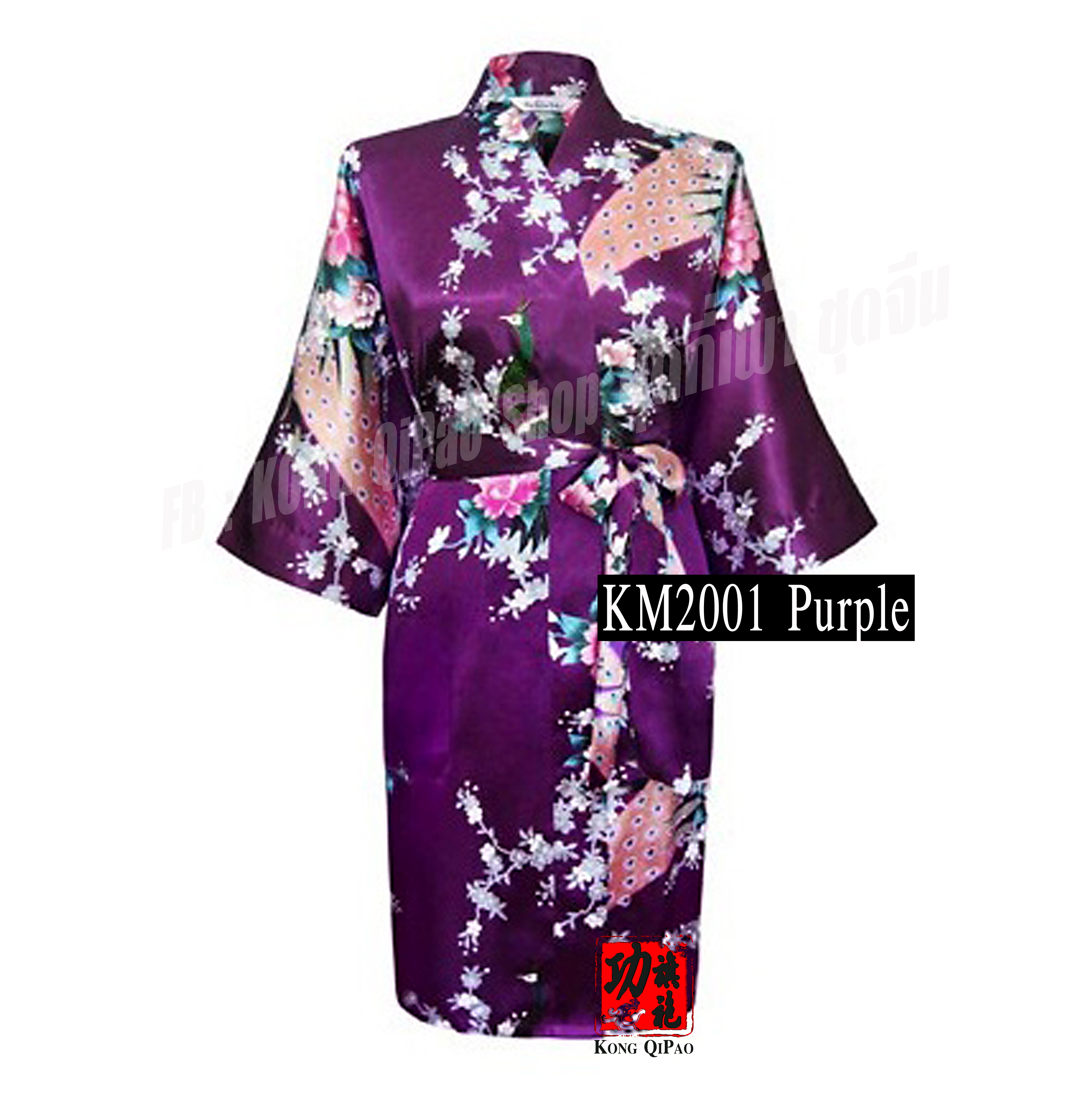 KM2001 ชุดคลุมกิโมโนผู้หญิง ลายนกยูงและดอกโบตั๋น