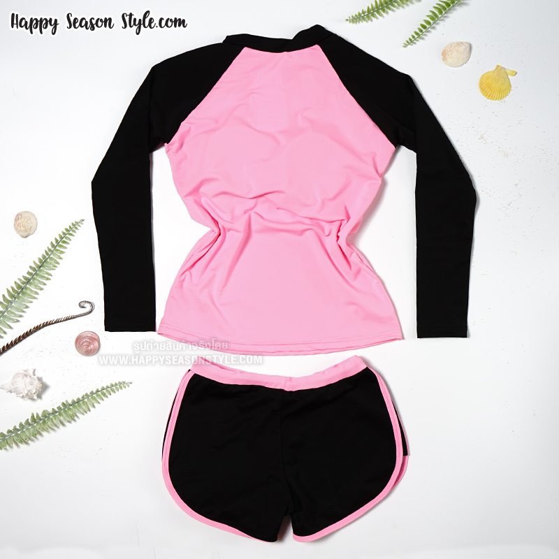 ชุดว่ายน้ำ ทูพีช แยกชิ้น เสื้อแขนยาว กางเกงขาสั้น สีชมพู-ดำ