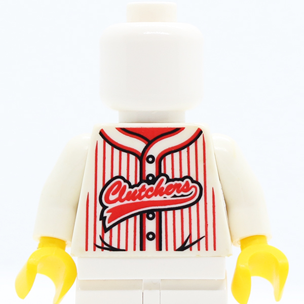 CS03 Baseball Jersey with Vertical Red Stripes, Buttons and 'Clutchers' Logo Pattern