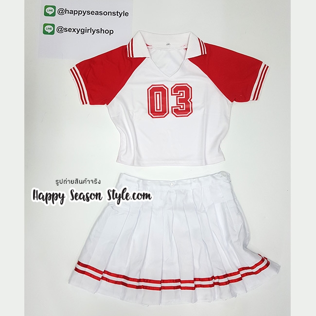 ชุดเชียร์ เชียร์ลีดเดอร์ ชุดเชียร์กีฬา สีแดงกระโปรงขาว แนวเกาหลี วง WJSN เพลง HAPPY MOMENT เสื้อขาวแขนแดง