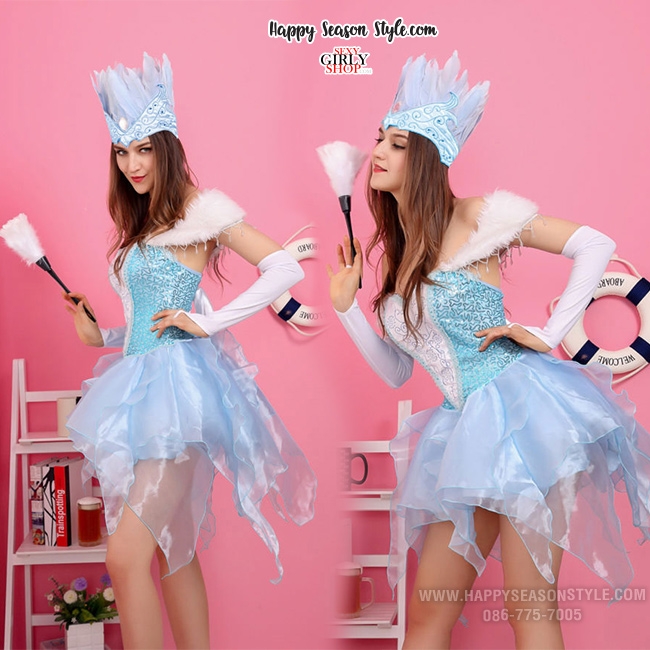 ชุดเจ้าหญิงสีฟ้า มงกุฎขนนก ชุดนางฟ้า