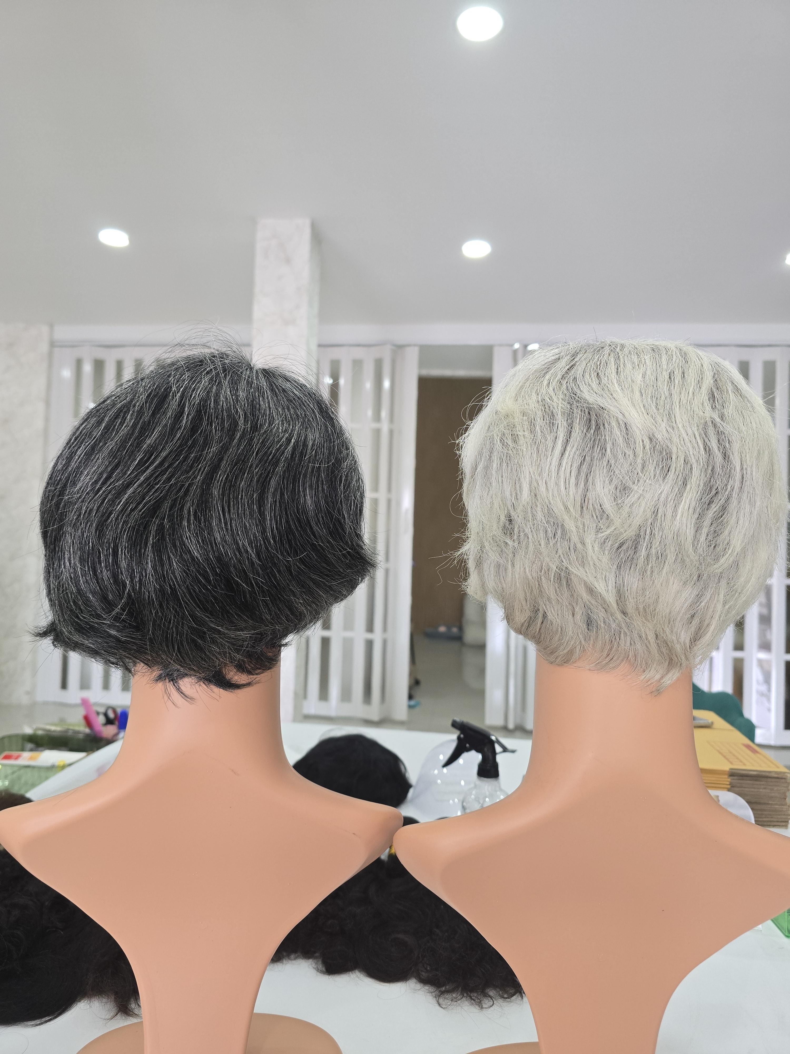 วิกผมหงอกผมขาว ผมแท้100% วิกผู้สูงอายุ คนแก่ ย้อมสีใหม่ได้ Human Hair Grey Wig for Old Women