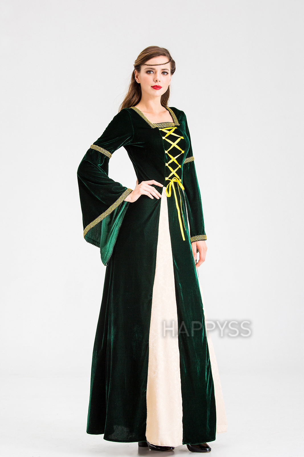 ชุดยุโรป ชุดย้อนยุค ผ้ากำมะหยี่ แทรกผ้า 2 แฉก ริบบิ้นเหลือง