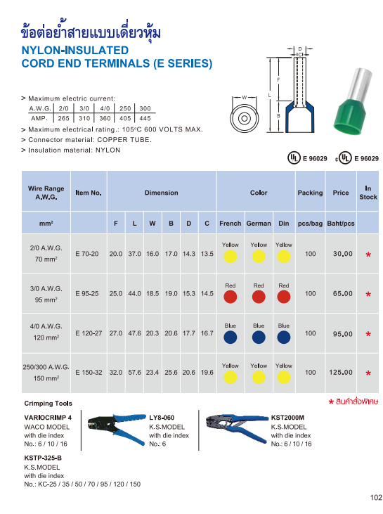 ข้อต่อย้ำสายแบบเดี่ยวหุ้ม,NYLON-INSULATED CORD END TERMINALS