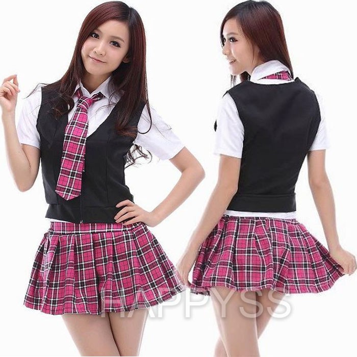 ชุดนักเรียน ชุดนักเรียนอินเตอร์ ชุดนักเรียนไฮสคูล สก๊อตชมพู เสื้อกั๊กดำ Girls' Generation