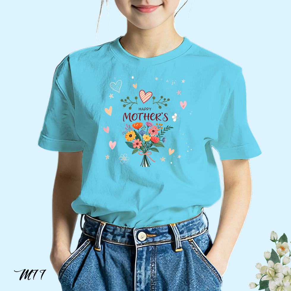 เสื้อยืดสีฟ้าวันแม่ สกรีนลาย Happy Mother Day M77 โพลีเอสเตอร์ 100% ตรงปก วันแม่ 12 สิงหาคม