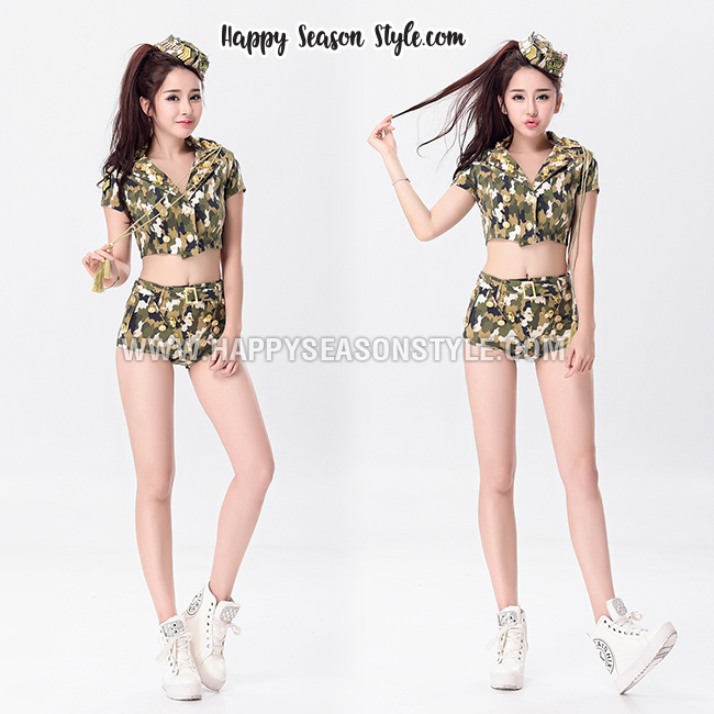 ชุดทหารแยกชิ้น ลายพราง เสื้อแขนสั้น กางเกงเอวสูง