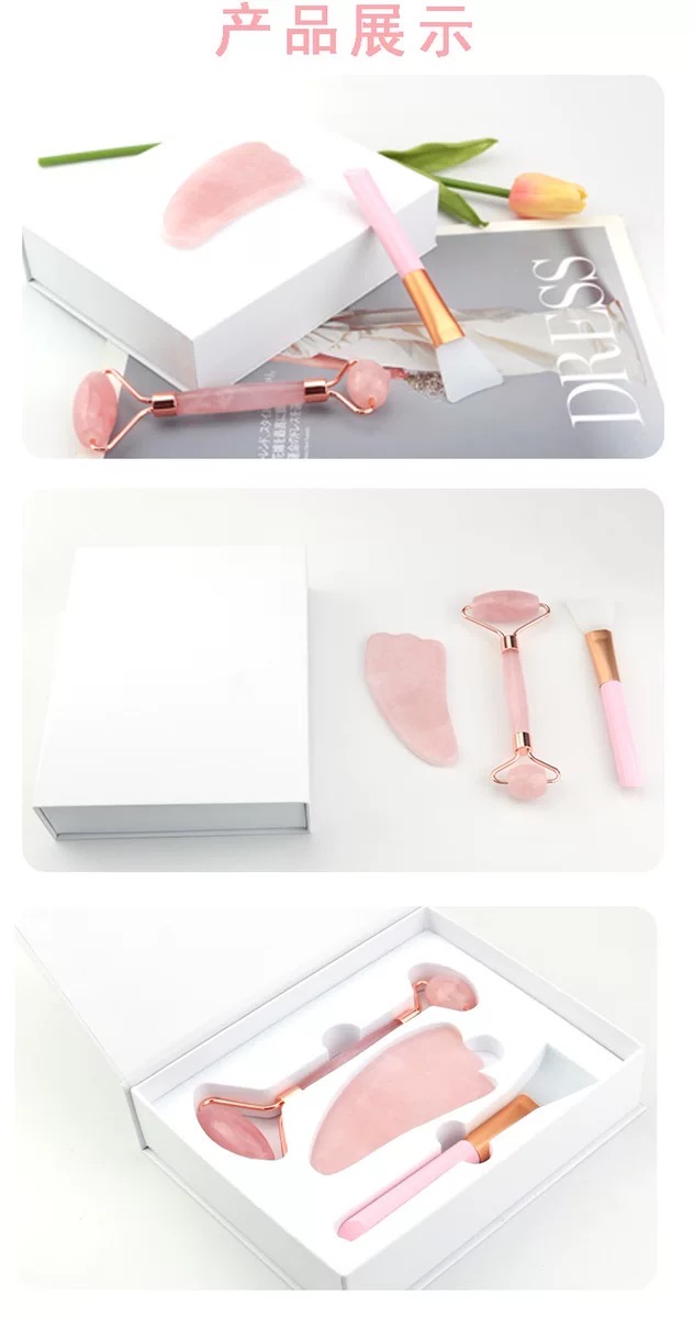 ชุดกัวซา+ลูกกลิ้งยกกระชับ+แปรง 3 ชิ้น Rose Quartz Kuasha & Roller kit 690-