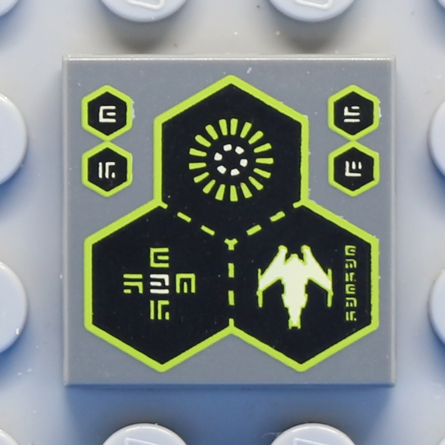 Tile 2 x 2 with Groove with 3 Hexagons, Spaceship and Alien Characters Pattern