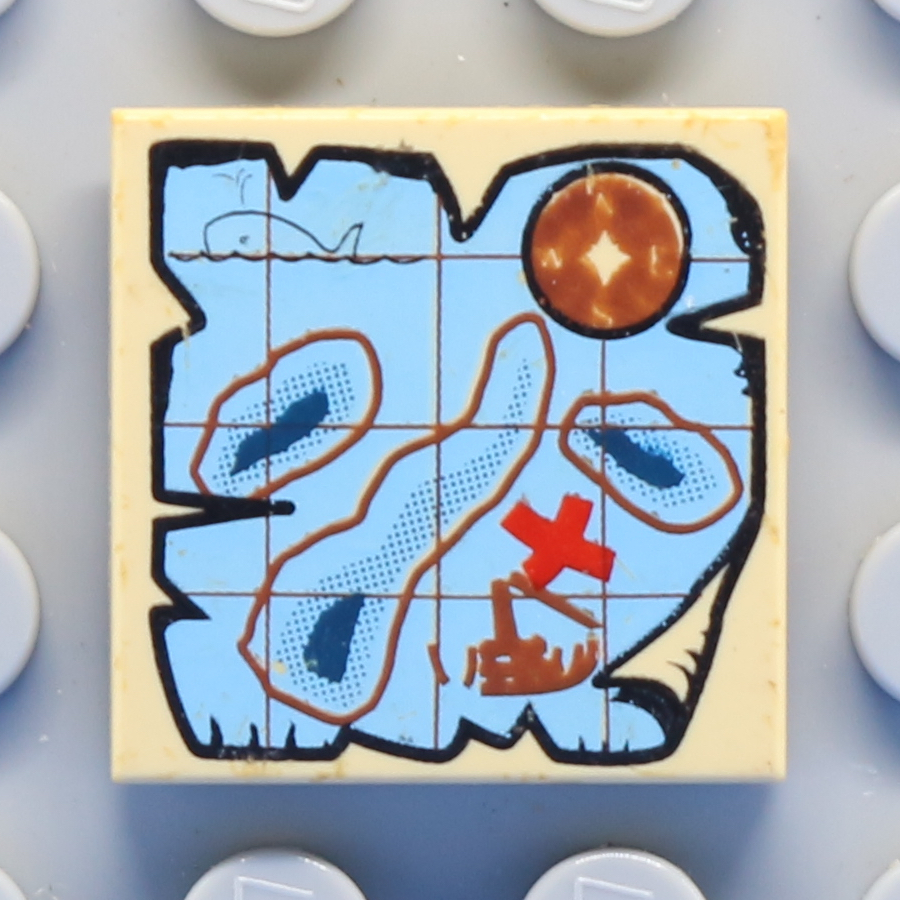 Tile 2 x 2 with Groove with Map Nautical with Red 'X' Pattern