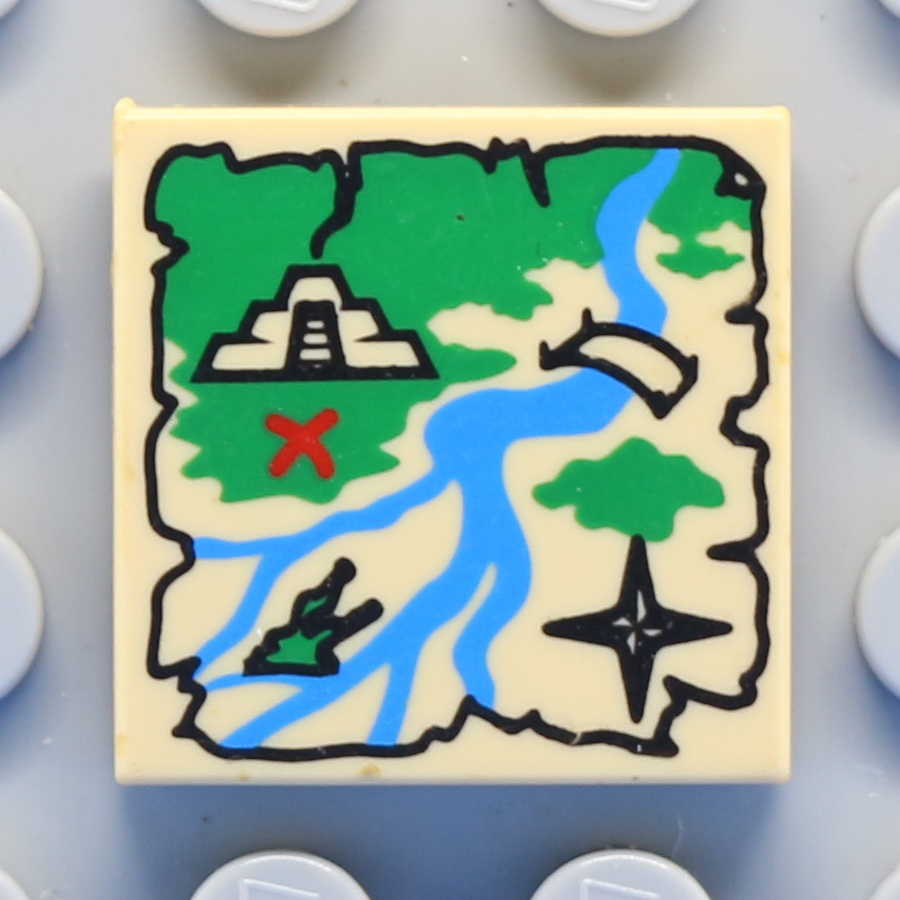 Tile 2 x 2 with Groove with Map River, Mayan/Aztec Ruins, and Red 'X' Pattern