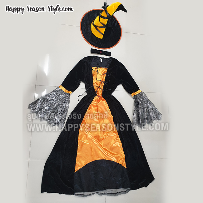 ชุดแม่มดยาว สีดำส้ม มีหมวกแม่มดทรงโค้ง