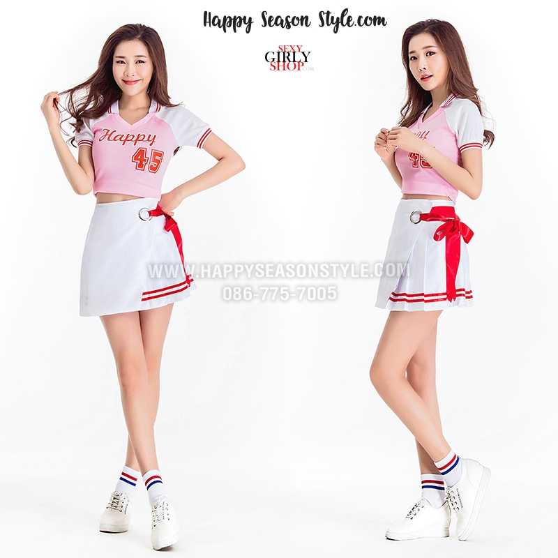 ชุดเชียร์ เชียร์ลีดเดอร์ ชุดเชียร์กีฬา สีชมพู ปกโปโล แขนขาว กระโปรงขาว แนวเกาหลี ใส่ได้ 2 แบบ