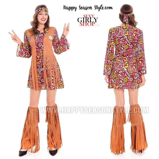 ชุดย้อนยุค แนวบุปผาชน โบฮีเมียนสั้นเสื้อกั๊กน้ำตาล ฮิปปี้ ซิกตี้ 60s