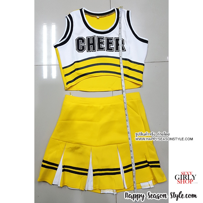 ชุดเชียร์ เชียร์ลีดเดอร์ ชุดเชียร์กีฬา สีเหลือง เอวลอย ขลิบดำ สกรีนที่อก กระโปรงทรงทวิส