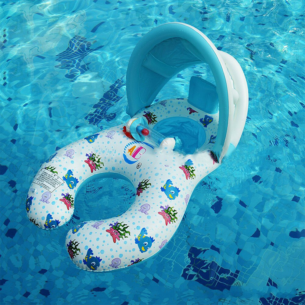 ห่วงยางเด็กและแม่ มีที่บังแดด สีฟ้า-ขาว Inflatable Blue-White Mom-Baby with Umbrella Pool Float