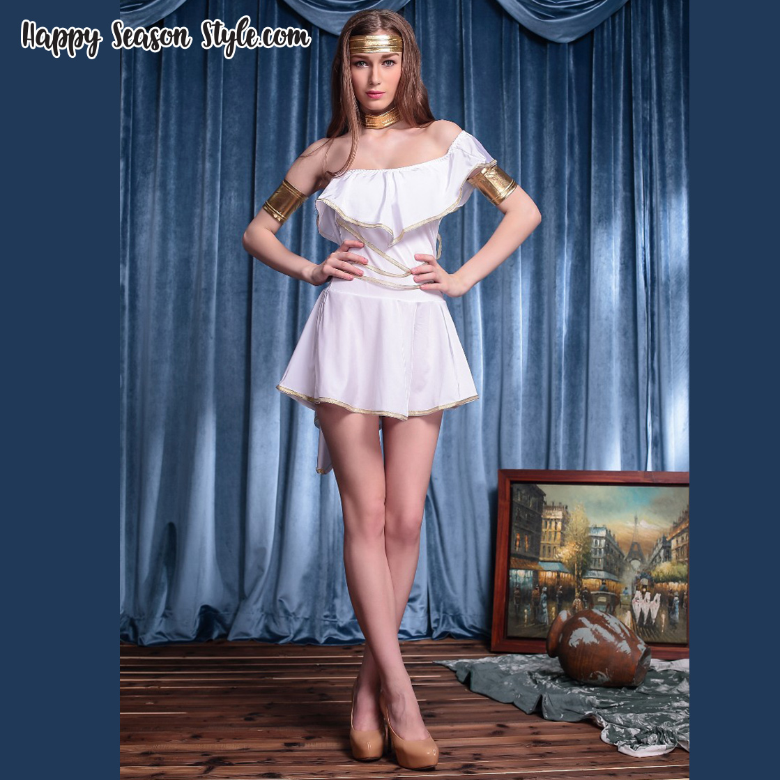 ชุดกรีก Greek สีขาวแขนเดี่ยวระบาย