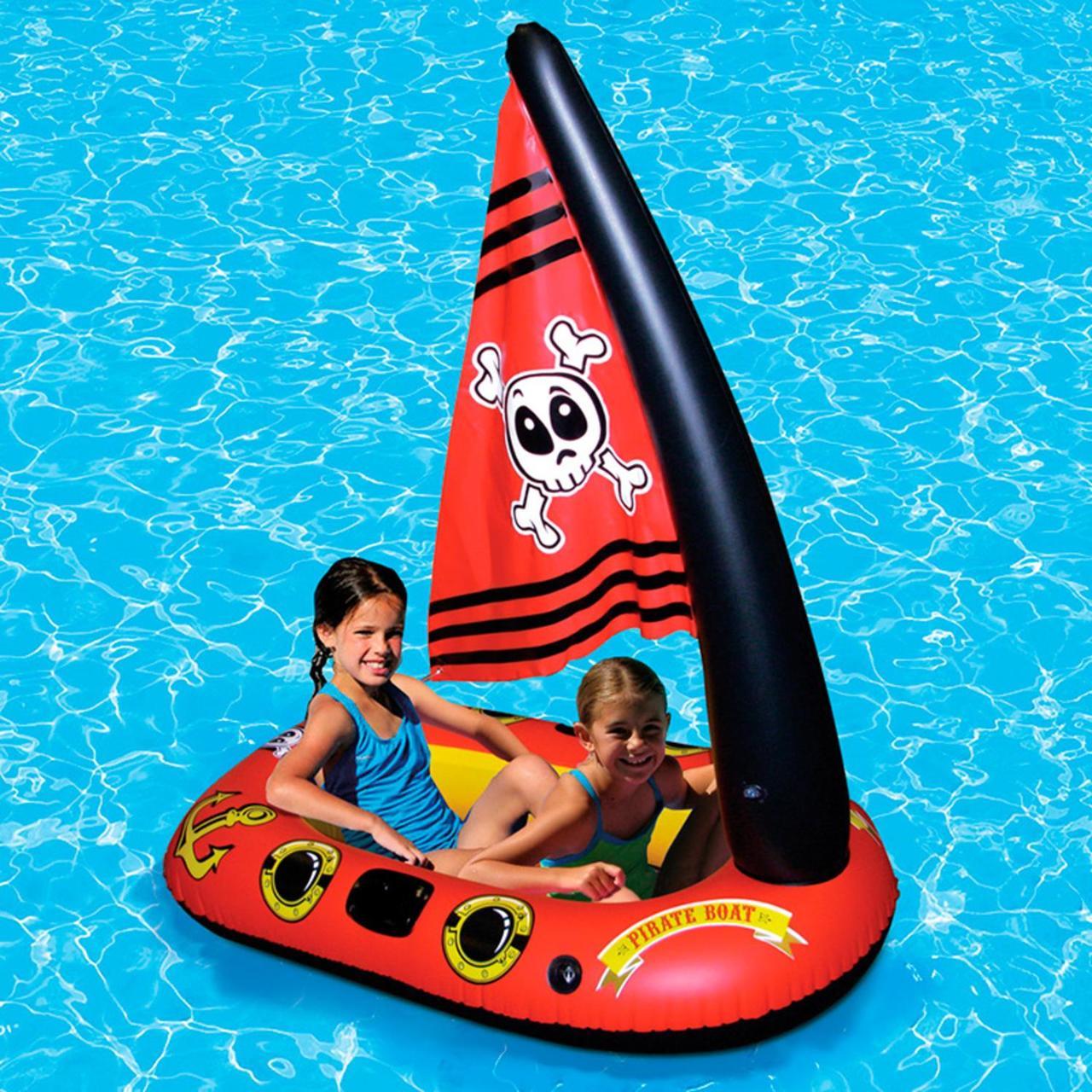 แพยางเรือโจรสลัด สีแดง พร้อมธงเรือใบ Inflatable Red Pirate Boat with Jolly Roger Pool Float