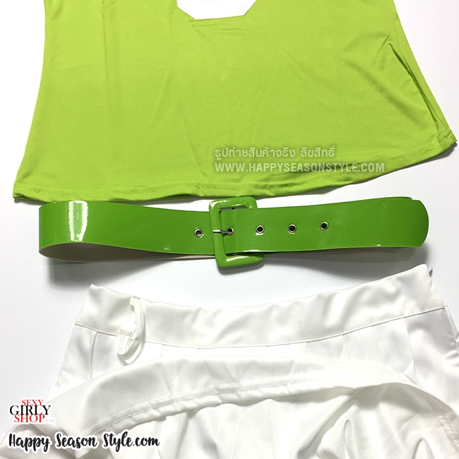 ชุดเชียร์ ชุดกีฬาสี เชียร์หลีดเดอร์ สีเขียวอ่อน กุ๊นขาว กระโปรงขาว พร้อมเข็มขัด