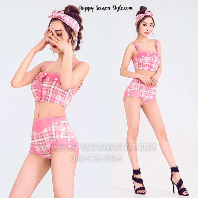 ชุดพีอาร์ พริตตี้ ทูพีช แนววินเทจ เกาหลี สีชมพูลายสก๊อต พร้อมผ้าโพกหัว