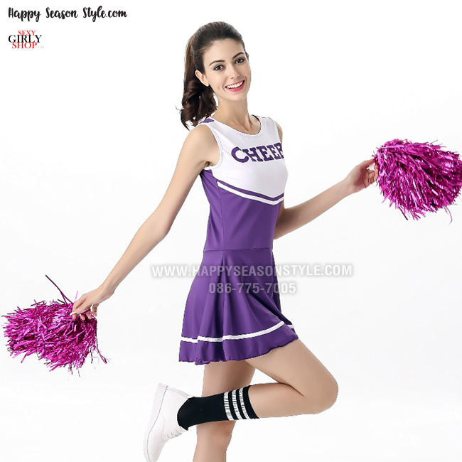 ชุดเชียร์ ชุดเชียร์ลีดเดอร์ เชียร์กีฬา ชุดปอมๆ เชียร์หลีดเดอร์ สีม่วง แซกผ้ายืด สกรีนที่อก Cheer