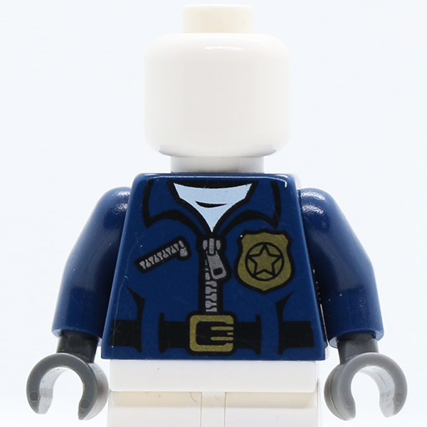 Police Jacket with White Undershirt, Zippers, Gold Badge and Buckle with 'POLICE' Pattern on Back / Dark Blue Arms / Dark Bluish Gray Hands