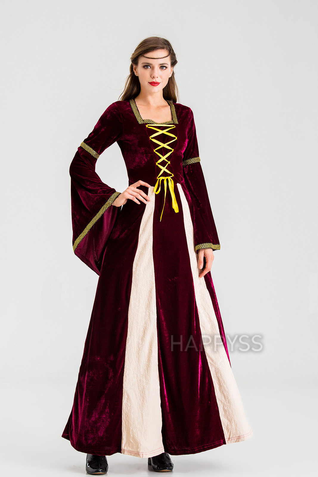 ชุดยุโรป ชุดย้อนยุค ผ้ากำมะหยี่ แทรกผ้า 2 แฉก ริบบิ้นเหลือง