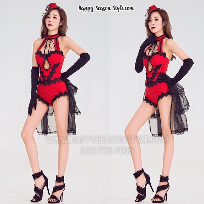 ชุดพีอาร์ พริตตี้ วันพีท สีแดง แต่งลูกไม้ดำ แต่งกระโปรงรูดหางปลาสีดำ