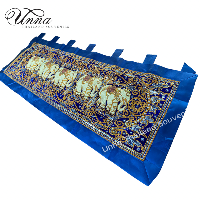 ผ้าปักช้าง แขวนผนัง แนวนอน ช้าง 5 ตัว ปักมุก และเลื่อม งานฝีมือพม่า elephant hand embroidery wall-hanging Myanmar