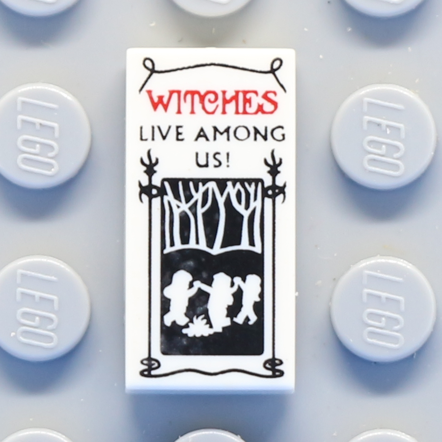 Tile 1 x 2 with Groove with Red and Black 'WITCHES LIVE AMONG US!' Flyer Pattern