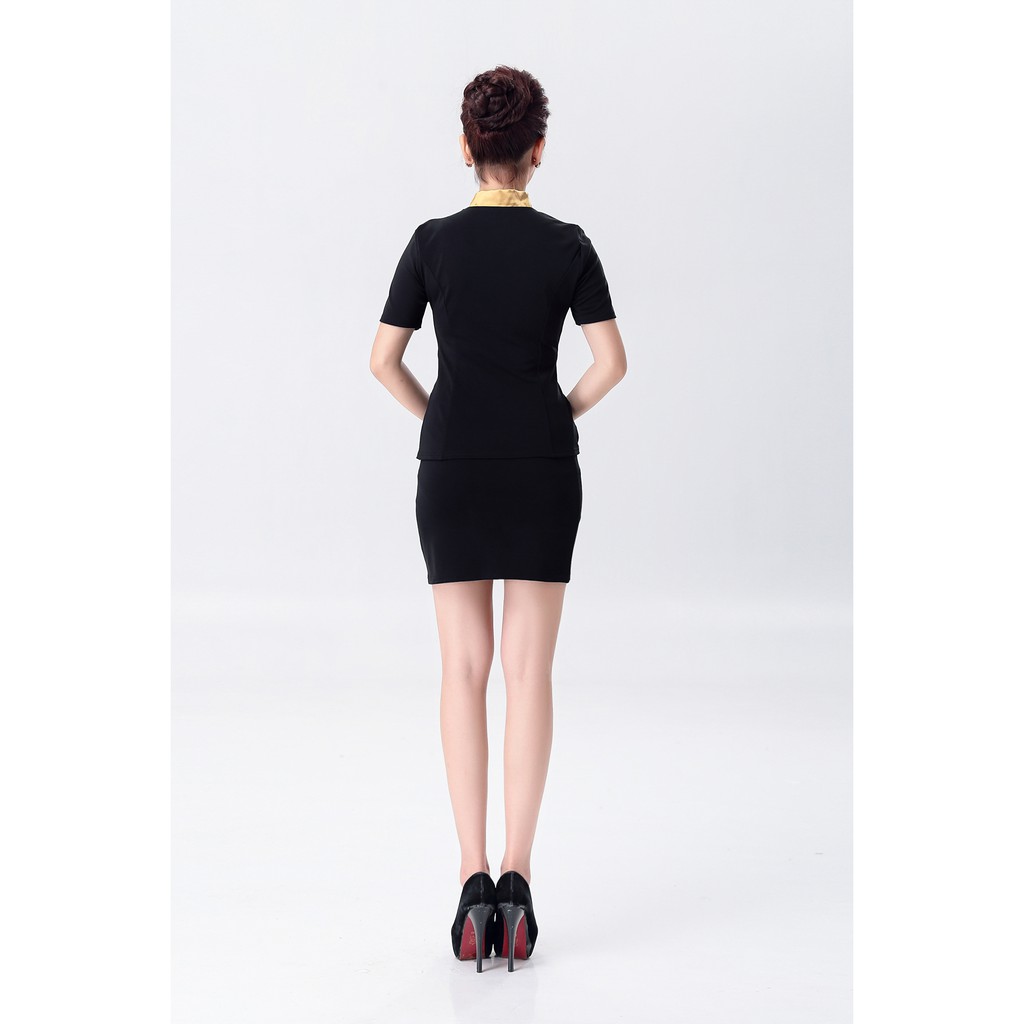 ชุดพนักงาน⚡️ส่งไวจากไทย⚡️ชุดแอร์ ชุดพนักงาน - คอเหลี่ยม แต่งริบบิ้นที่คอสีทอง ชุดแอร์ ยูนิฟอร์ม พนักงานต้อนรับ พีอาร์