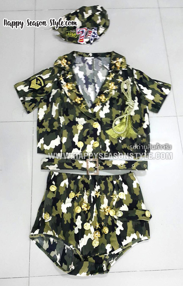 ชุดทหารแยกชิ้น ลายพราง เสื้อแขนสั้น กางเกงเอวสูง