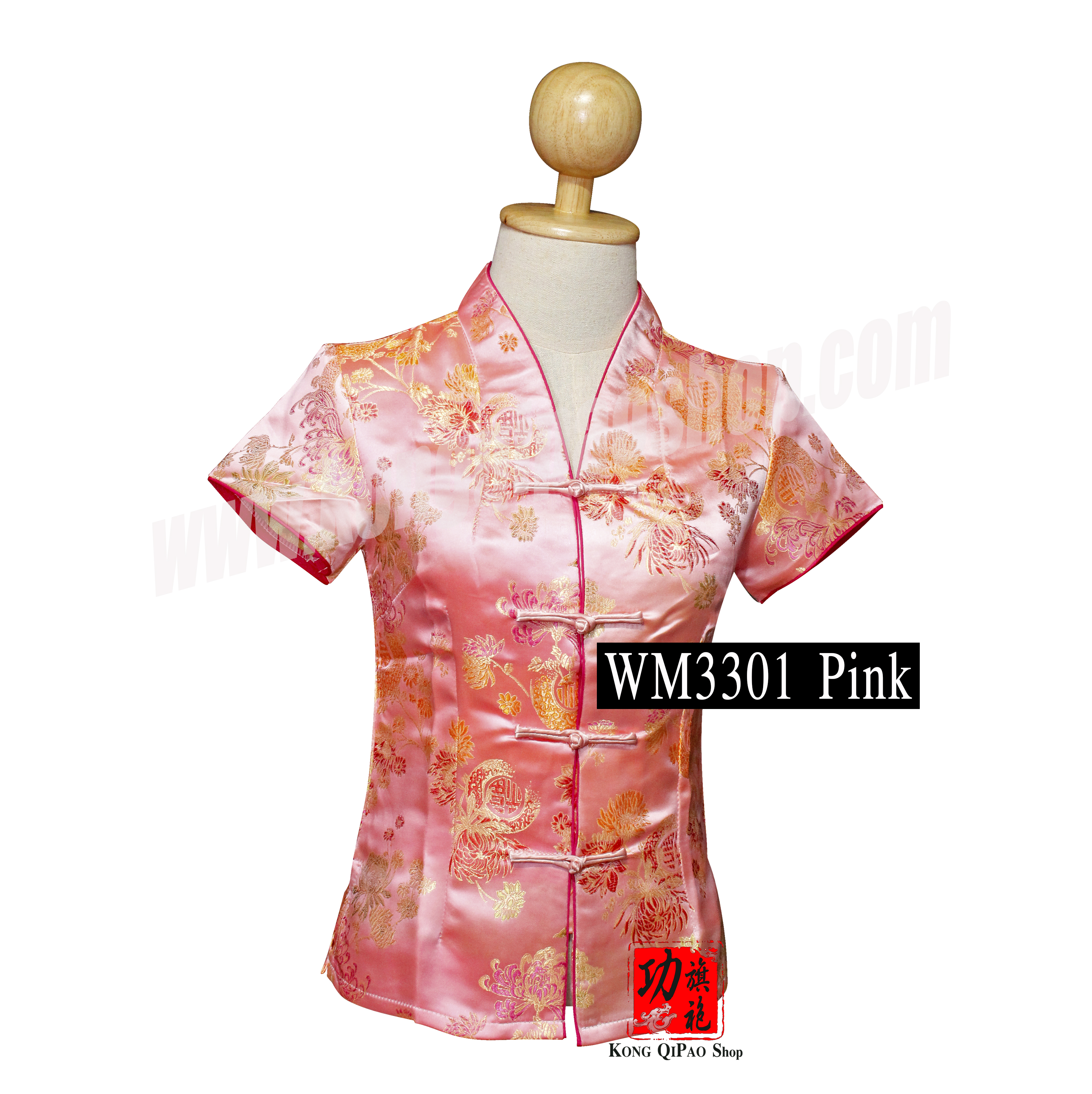 WM3301 เสื้อจีนผู้หญิง คอวี ลายค้างคาวนำโชค 福(ฝู)