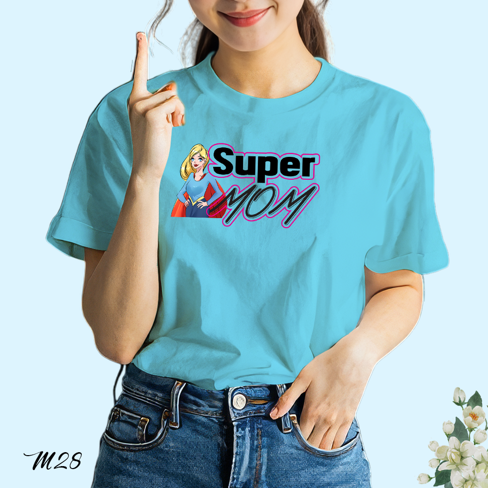 เสื้อยืดสีฟ้าวันแม่ สกรีนลาย Super Mom M28 เนื้อผ้าโพลีเอสเตอร์ 100% นุ่มใส่สบาย 12 สิงหาคม