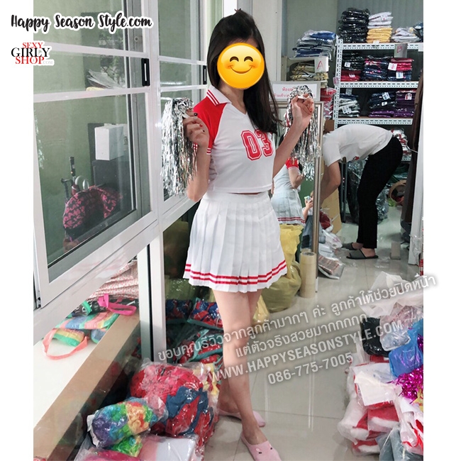ชุดเชียร์ เชียร์ลีดเดอร์ ชุดเชียร์กีฬา สีแดงกระโปรงขาว แนวเกาหลี วง WJSN เพลง HAPPY MOMENT เสื้อขาวแขนแดง