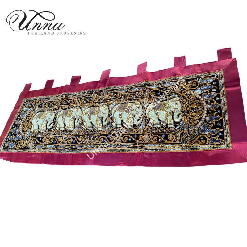 ผ้าปักช้าง แขวนผนัง แนวนอน ช้าง 5 ตัว ปักมุก และเลื่อม งานฝีมือพม่า elephant hand embroidery wall-hanging Myanmar