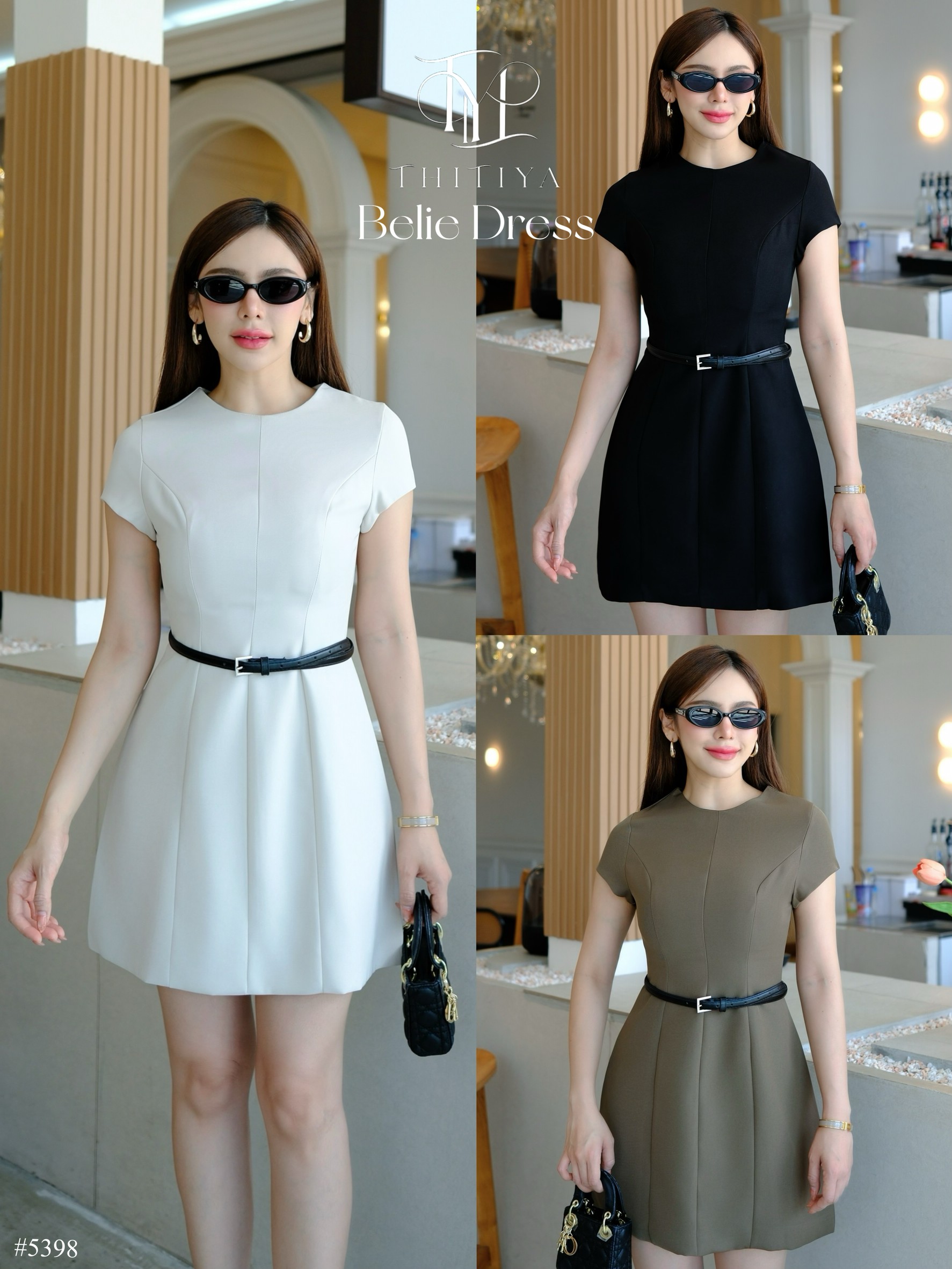 #5398 เดรสทรงสวยผ้าเกรดตัดสูท ซับในอย่างดีทั้งตัว มาพร้อมเข็มขัดสายดำอะไหล่เงิน thitiya