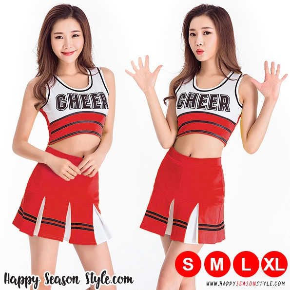 ชุดเชียร์ ชุดเชียร์ลีดเดอร์ ชุดเชียร์กีฬา สีแดง เอวลอย ขลิบดำ สกรีนที่อก กระโปรงทรงทวิส