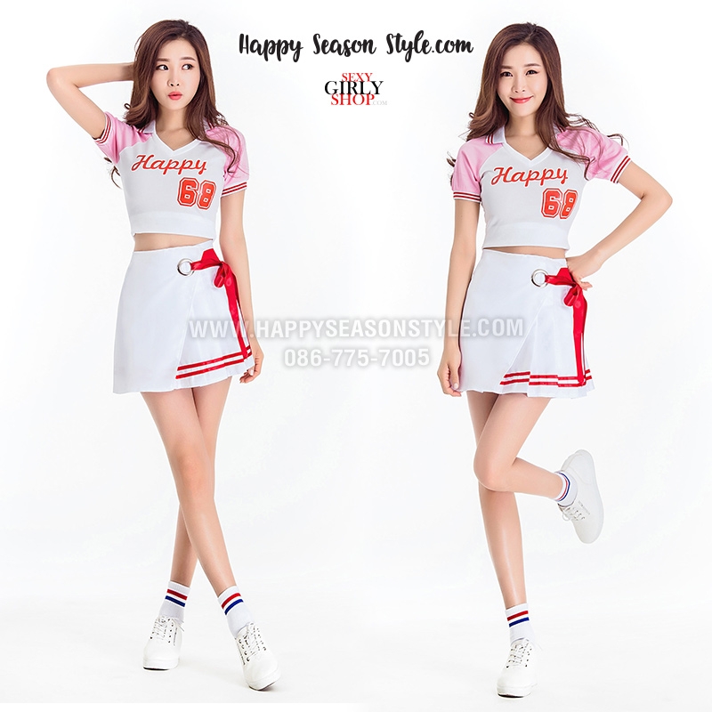 ชุดเชียร์ ชุดเชียร์ลีดเดอร์ ชุดเชียร์กีฬา สีขาวปกโปโล แขนชมพู กระโปรงขาว แนวเกาหลี ใส่ได้ 2 แบบ
