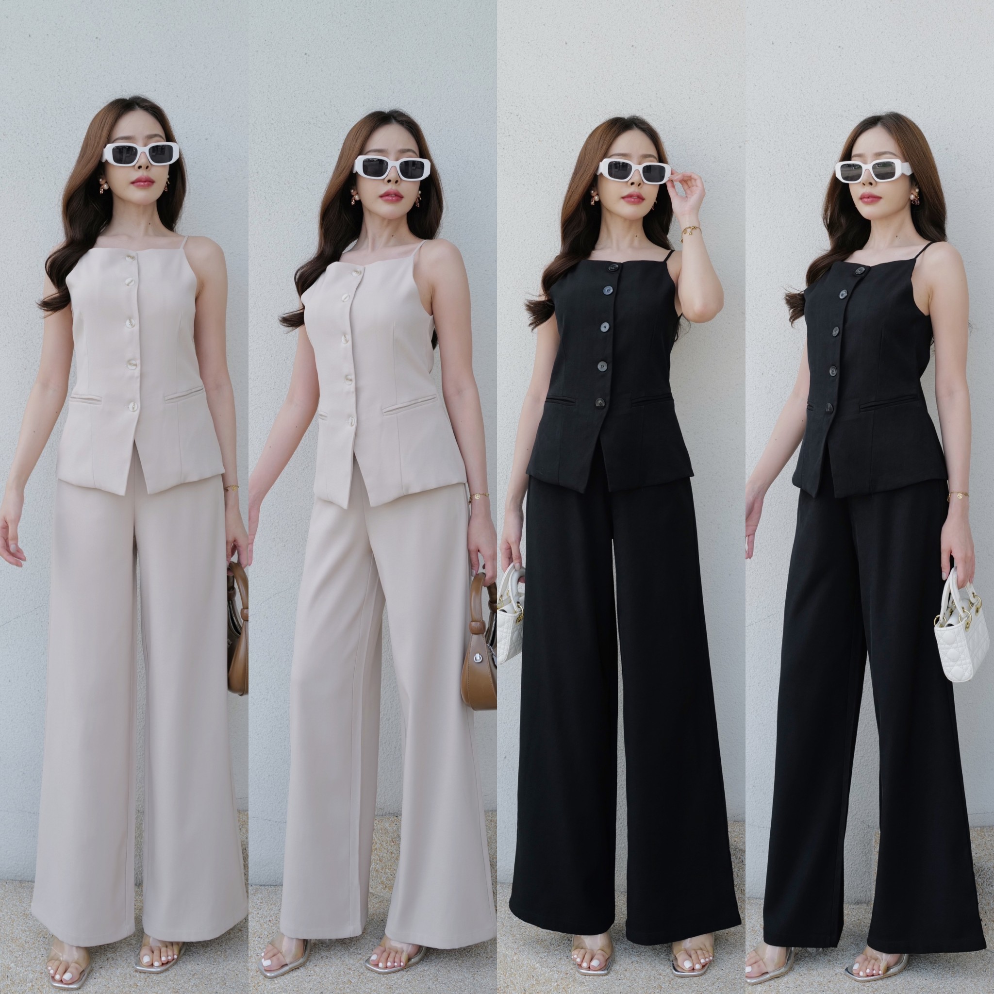#9736 HILOOK ชุดเชตzara สายเดี่ยวคอตื้นกระดุมจริง เสื้อมีชับในกระเป๋าใช้งานได้