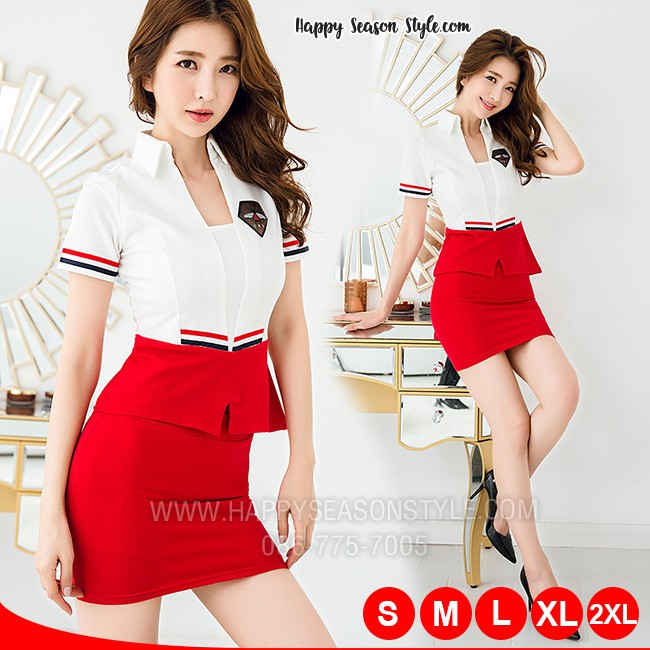 ชุดพนักงาน ชุดแอร์ ชุดพีอาร์ ยูนิฟอร์ม ชุดพนักงานต้อนรับ สีขาว กรมท่า - แดง