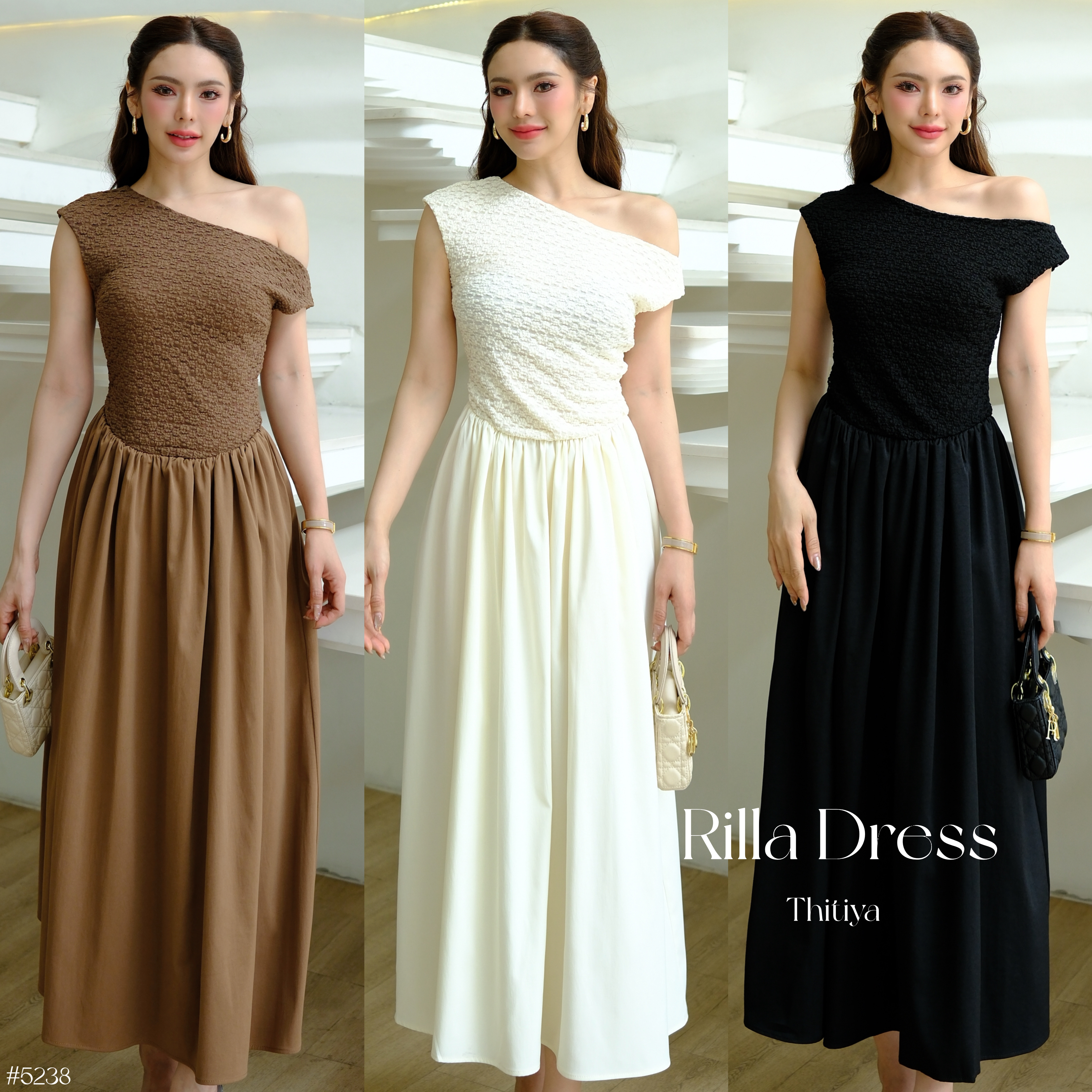 #5238 Rilly Dress เดรสมีดิปาดไหล่ สองเลเยอร์ ช่วงบนผ้าลูกไม้ยืดหยุ่นสูงเนื้อนิ่มทรงสลิม Thitiya