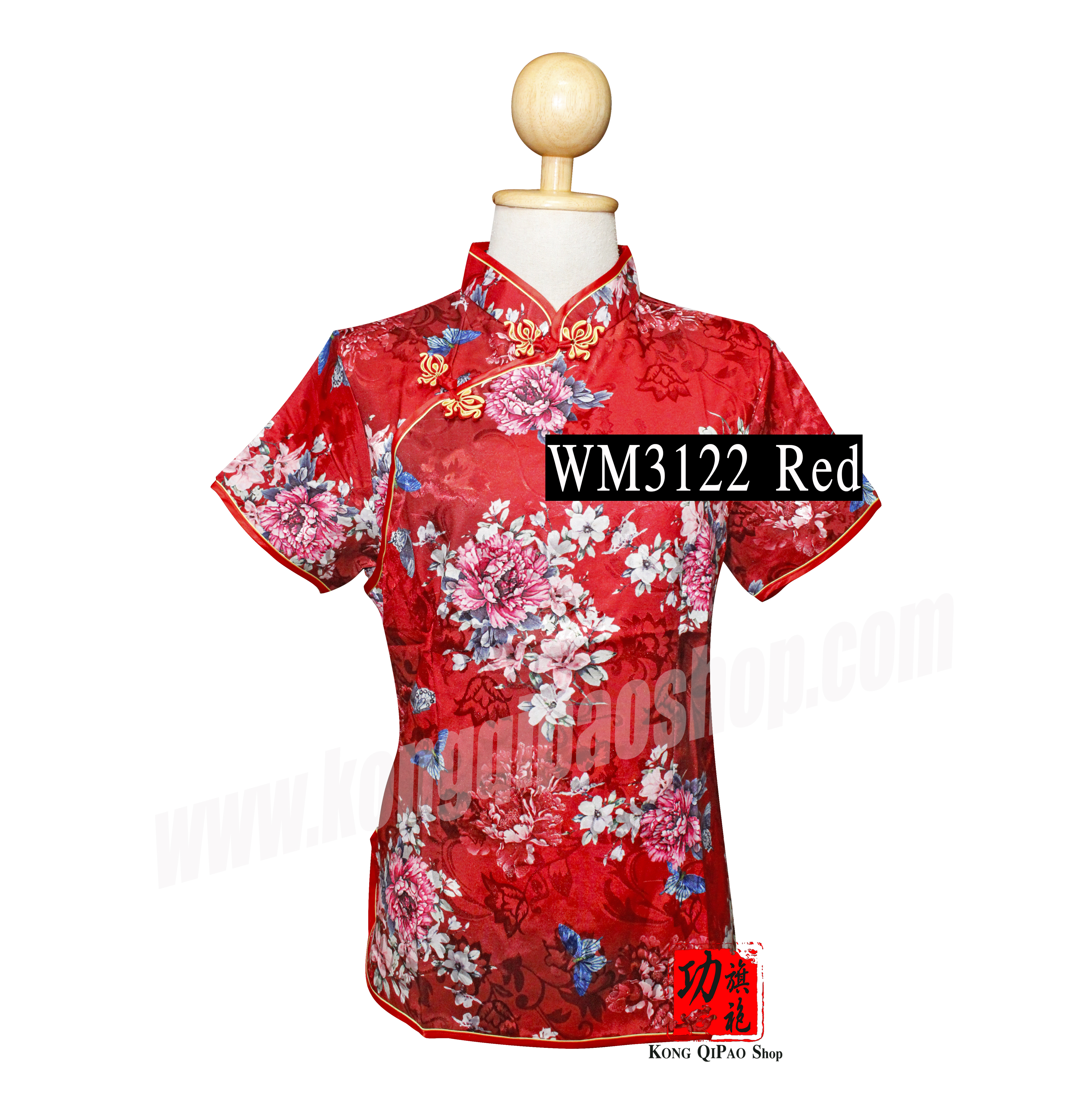 WM3122 เสื้อจีนผู้หญิง คอเฉียง ลายดอกโบตั๋น#2